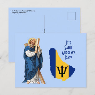 Cartão Postal Dia de São André com Bandeira-Mapa de Barbados