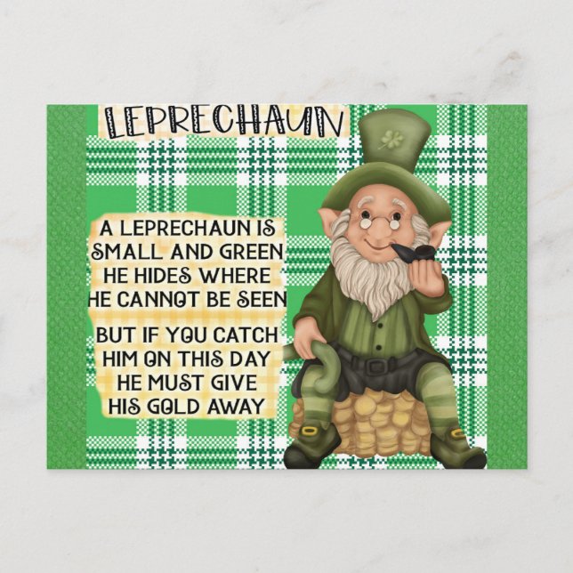 Cartão Postal Dia de São Patrício irlandês Leprechaun Poem Green (Frente)