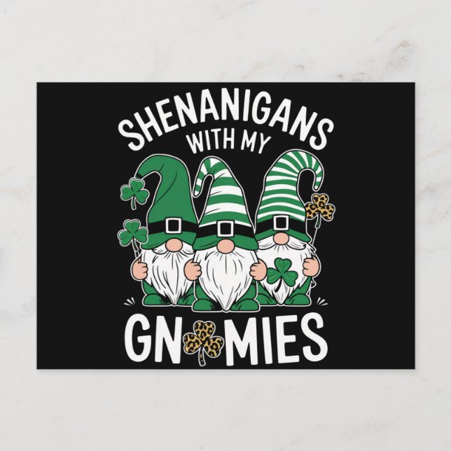 Cartão Postal Dia de São Patrício Lucky Shamrock Leopard Gnomos (Frente)