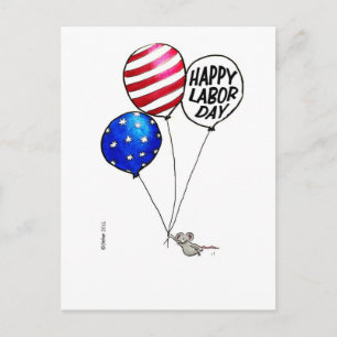 Cartão Postal Dia do Trabalho - Rato voador com balões.