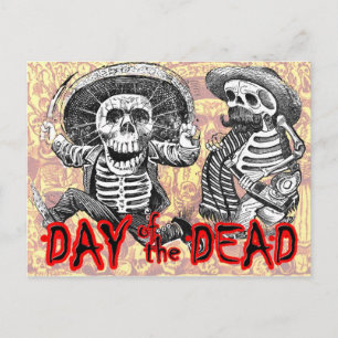 Cartão Postal Dia dos Mortos - Esqueletos com facão e bebida