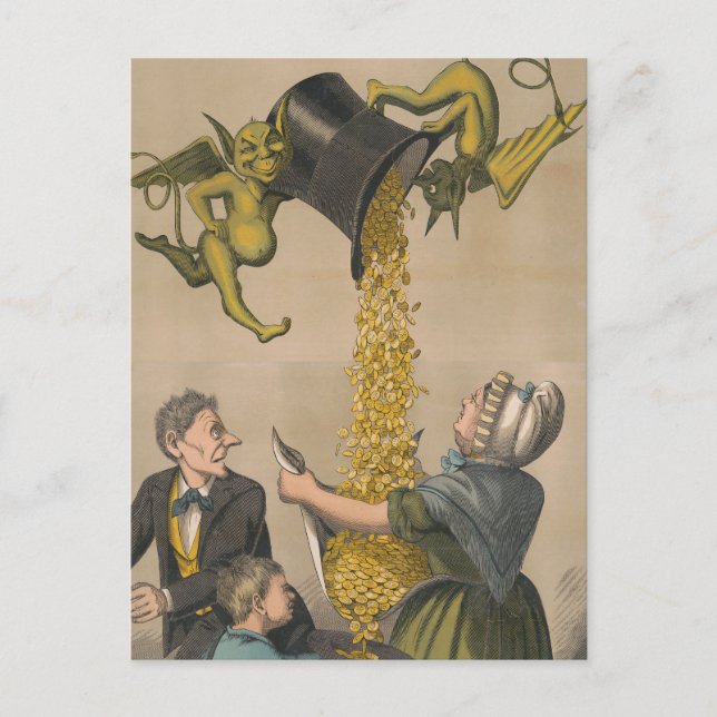 Cartão Postal Diabos Derramando Moedas de Ouro no Avental de Mul (Frente)