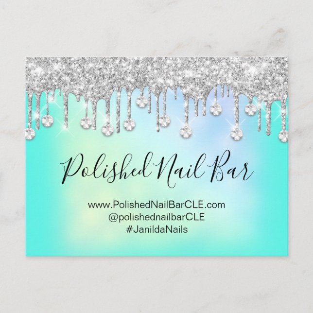 Cartão Postal Diamante de prata holográfico do Bar de unhas (Frente)