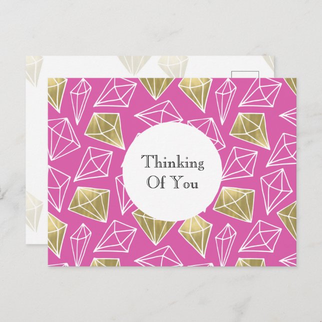 Cartão Postal Diamantes Dourados rosa pensando em você (Frente/Verso)