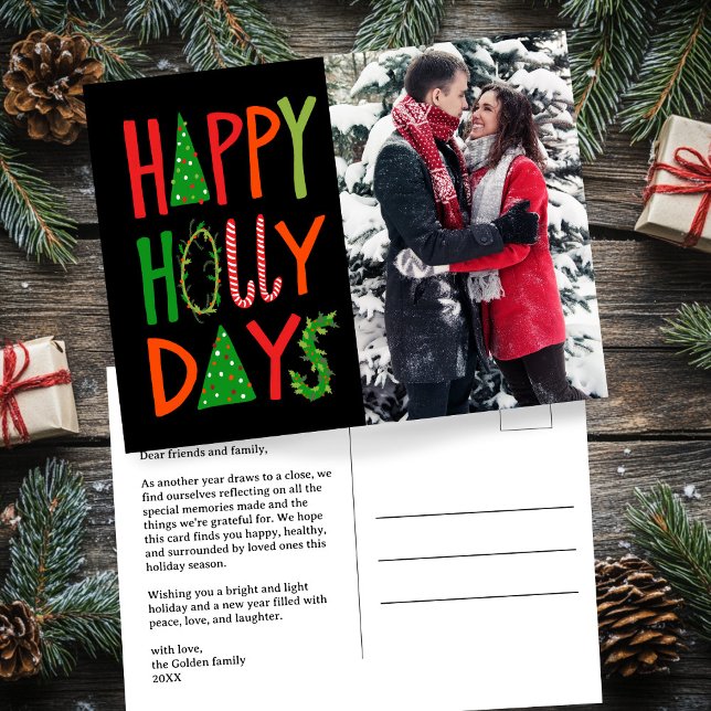 Cartão Postal DIAS FELIZES DE HOLLY Natal FOTO PERSONALIZADA de  (HAPPY HOLLY DAYS Hand-Drawn Lettering Holiday Xmas Christmas CUSTOM Photo Postcard
)