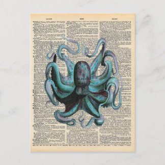 Cartão Postal Dicionário Vintage Art Azul Oceano Octopus