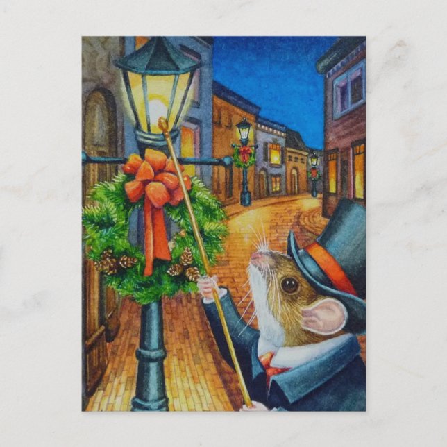 Cartão Postal Dickens Christmas Lamplighter Mouse Watercolor Art (Frente)