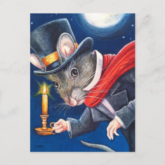 Cartão Postal Dickens Natal Rato Scrooge Arte Aquarela (Frente)
