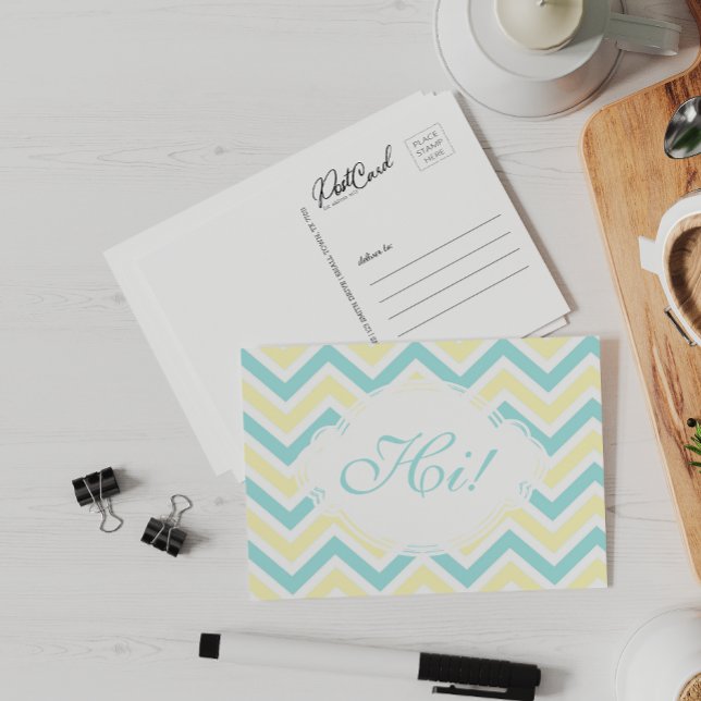 Cartão Postal Diga Olá, Amarelo Aqua Divertido Zig Zag Pastel Pe (Criador carregado)