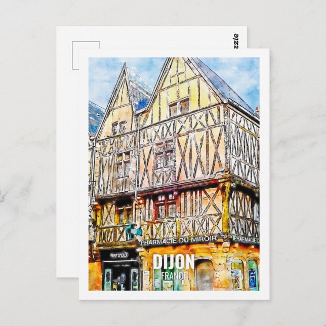 Cartão Postal Dijon France Famosa Viagem Place Watercolor (Frente/Verso)