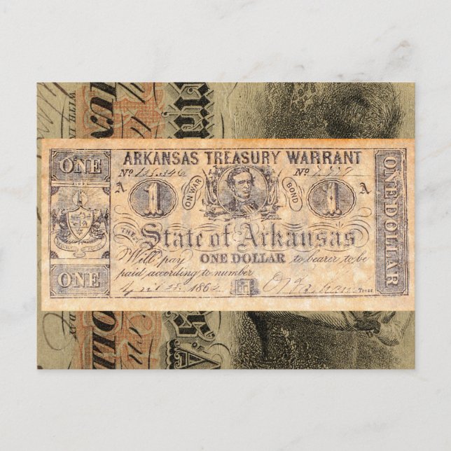 Cartão Postal Dinheiro Antiquado da Guerra Civil do Arkansas (Frente)