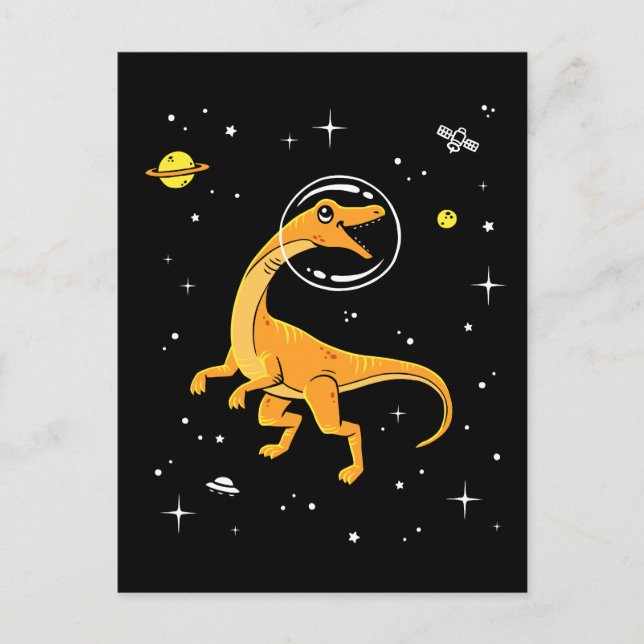 Cartão Postal Dinos De Velociraptor Amarelo E Laranja No Espaço (Frente)