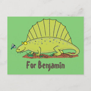 Cartão Postal Dinossauro de desenho animado verde engraçado