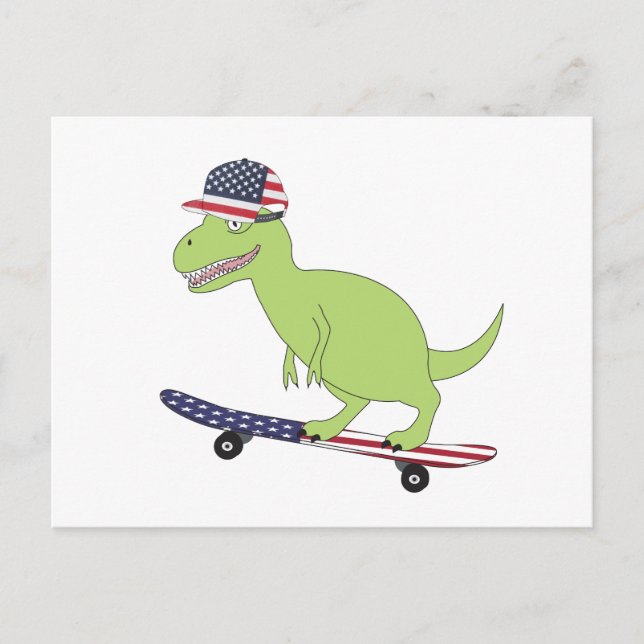 Cartão Postal Dinossauro de Skate com Bandeira Americana (Frente)