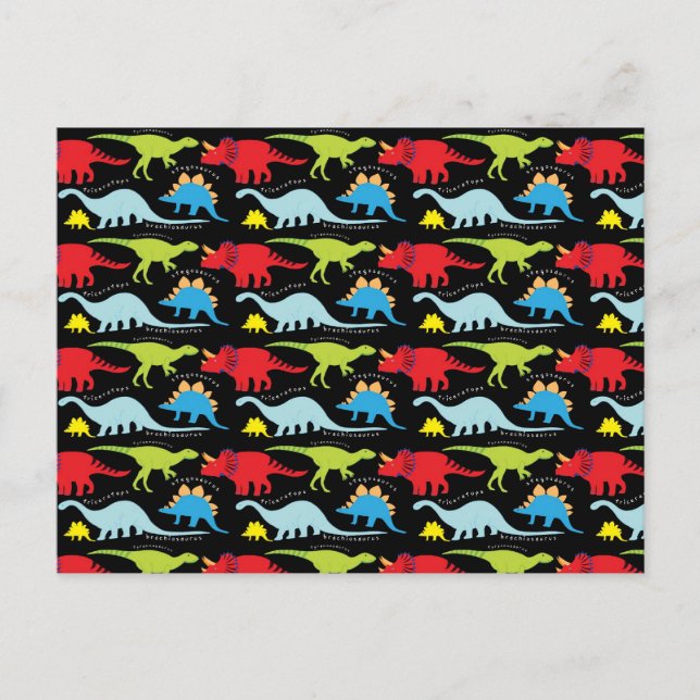 Cartão Postal Dinossauro Designs Vermelho Azul Verde Preto (Frente)