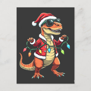 Cartão Postal Dinossauro Envolvido com Luzes de Natal Santa Hat