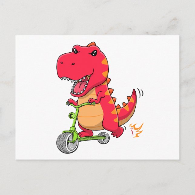 Cartão Postal Dinossauro T-rex Andando Por Um Patinete Verde (Frente)