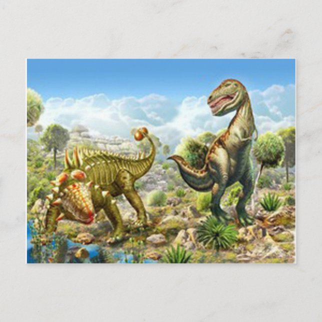 Cartão Postal Dinossauros combatendo Anklosaurus e Tyrannosaurus (Frente)