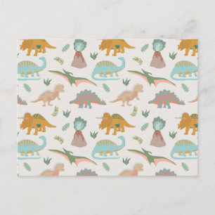 Cartão Postal Dinossauros Crianças Desenho à Mão Boho Padrão de 