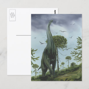 Cartão Postal Dinossauros Vintage, saurópodes com Aves Voando