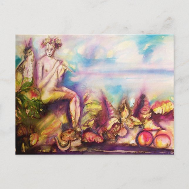Cartão Postal DIONYSUS , Jogando flauta com conchas e Frutas mar (Frente)