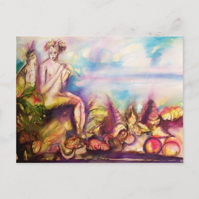 Cartão Postal DIONYSUS , Jogando flauta com conchas e Frutas mar (Frente)
