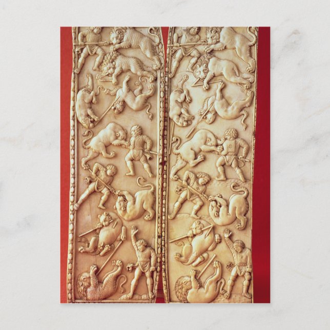 Cartão Postal Diptych com uma cena de caça de leão (Frente)