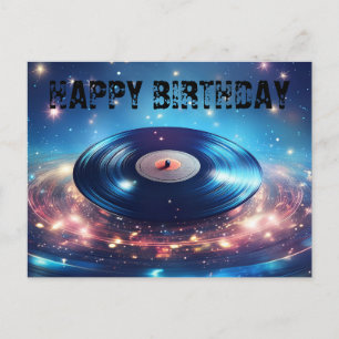 Cartão Postal Disco de vinil vintage com estrelas Feliz Aniversá