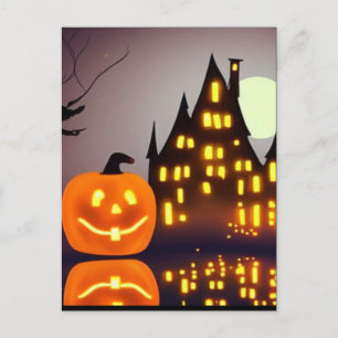 Cartão Postal Diversão assustadora de Halloween de casa e abóbor