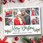 Cartão Postal Diversão da caligrafia Holly 5 Fotografia Casal Na<br><div class="desc">Manuscrito de Caligrafia Moderna - Colagem de Fotografias com Casal 5 O Cartão de Feliz Natal inclui Watercolor Christmas Holly Berries - Script Verde</div>