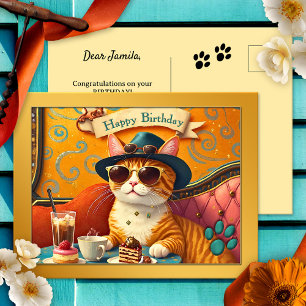 Cartão Postal Diversão Retro Gato e Bolo de Aniversário