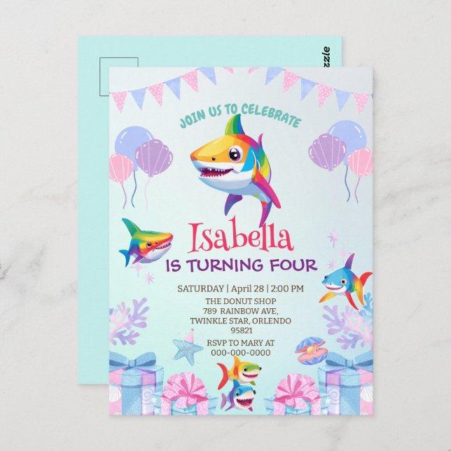 Cartão Postal Diversão tubarão arco-íris balão de aniversário fe (Frente/Verso)