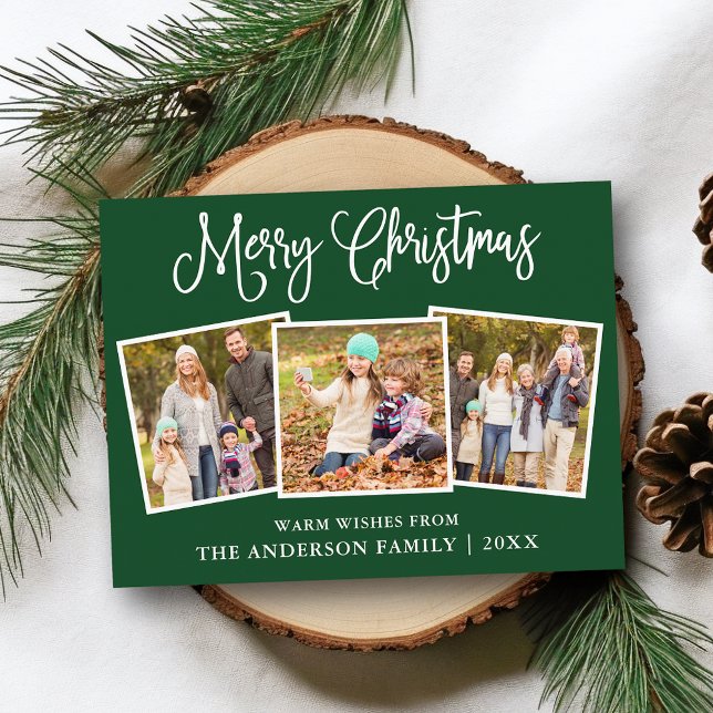 Cartão Postal Divertido Caligrafia Natal 3 Fotos Verde (Customize to change your personalized text size or text style.)