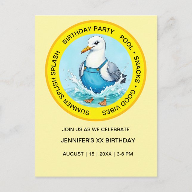 Cartão Postal Divirta-se Seagull, festa de Piscina de verão do S (Frente)