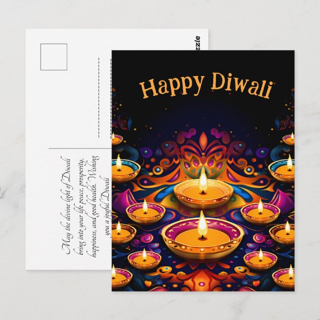 Cartão Postal Diwali tradicional com diyas (Frente/Verso)