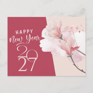 Cartão postal do Ano Novo 2027 Floral Rosa Elegant