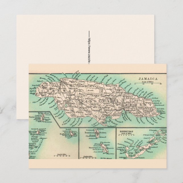 Cartão postal do antigo mapa da Jamaica (Frente/Verso)