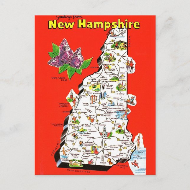 Cartão postal do antigo mapa de New Hampshire (Frente)
