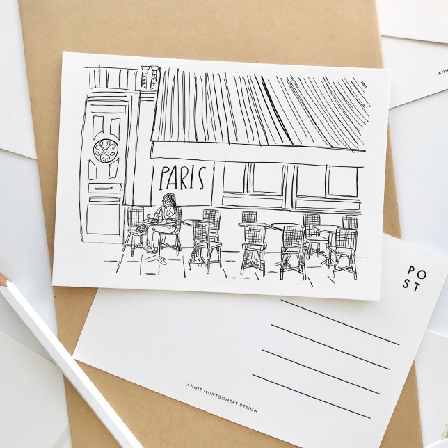 Cartão postal do Café Paris Negro e Branco (Black and white sketch Paris travel postcard.)
