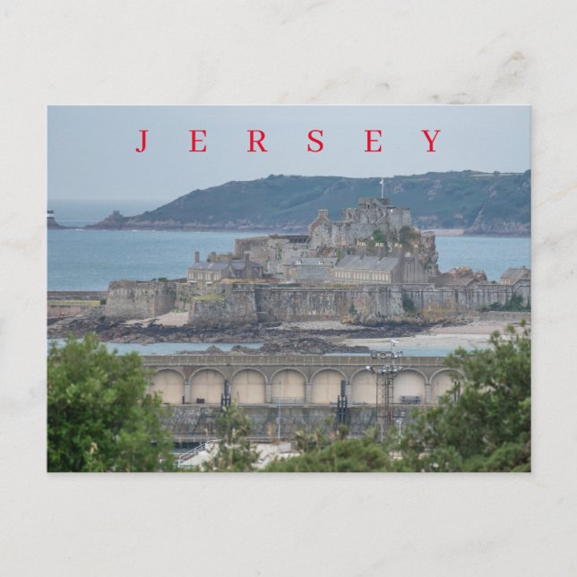 Cartão postal do Castelo Elizabeth em Jersey de pe (Frente)
