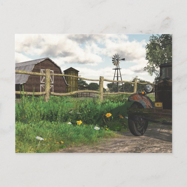 Cartão postal do celeiro vermelho antigo e camião  (Frente)