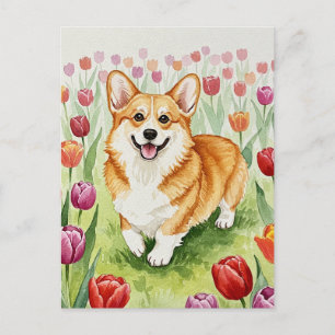 Cartão postal do Corgi Fofo nos Tulipas