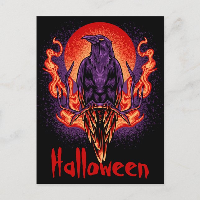 Cartão Postal do Corvo de Halloween com Chamas (Frente)