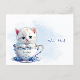 Cartão postal do gatinho em xícara com flores azui