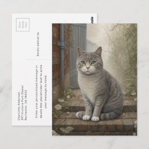 Cartão postal do gato cinza sereno relaxando no qu