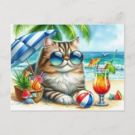 Cartão postal do gato e coquetéis na hora da praia