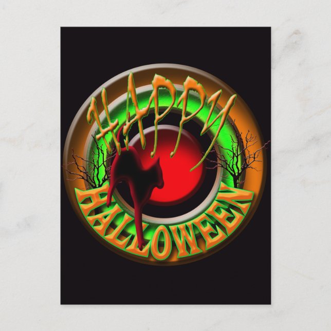 Cartão postal do gato e da lua do feliz Halloween (Frente)