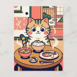 Cartão postal do gato no café da manhã