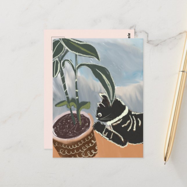 Cartão postal do gato observando plantas da casa (Frente/Verso In Situ)