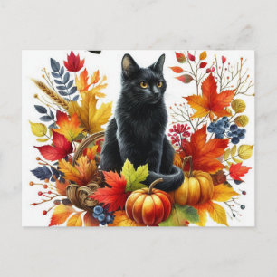 Cartão postal do Gato Preto de Outono e Folhas Saz